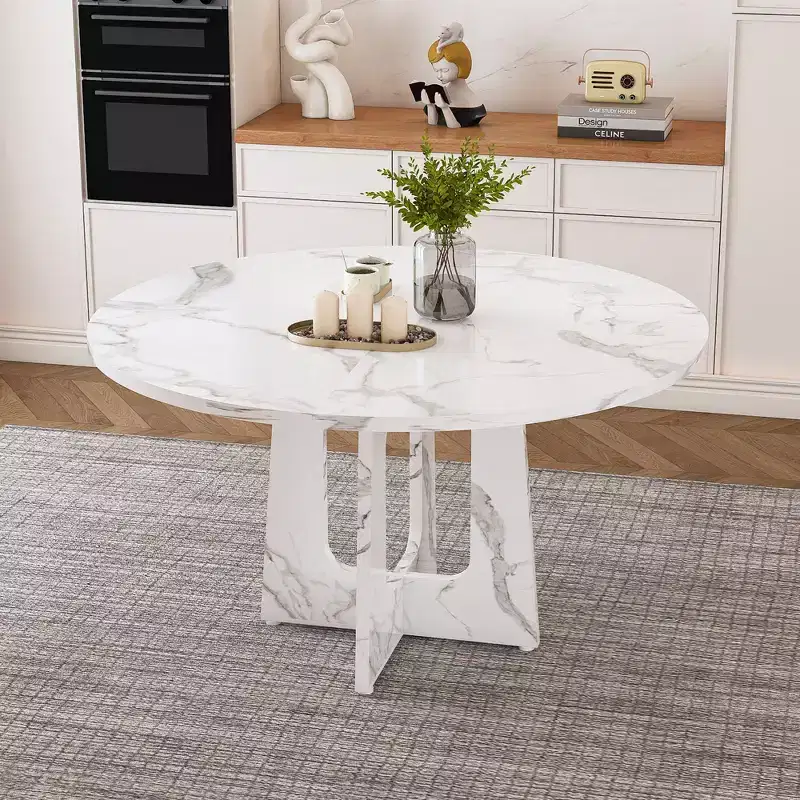 47 Round Dining Table for 4 Farmhouse MDF Table with Marble White Finish 300lb Capacity Easy Assembly for Dining Room Kitchen Living Room