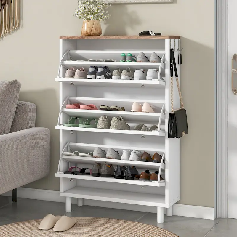 Shoe Cabinet with 3 Flip Drawers,Wood Grain Pattern with 3 Hooks,Free Standing Shoe Rack with Adjustable Panel