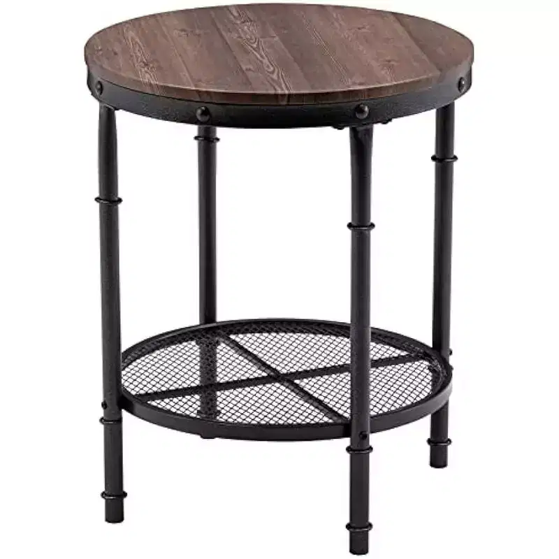 VINGLI Industrial Round End Table - 20 Metal & Wooden Side Table for Couch & Living Room