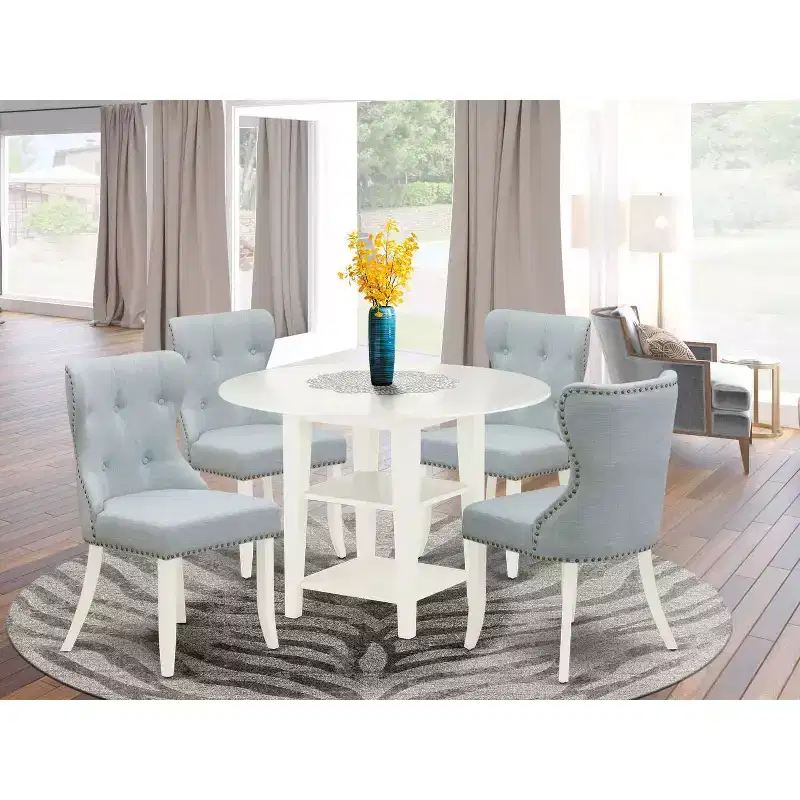 5-Piece Linen White Finish Solid Wood Top - Dining Room Set - Seats 4