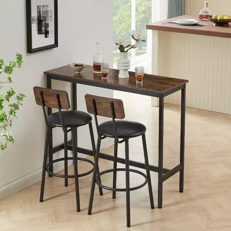 GDFStudio Briar 3 Piece Rustic Bar Table Set with Faux Leather Upholstered Bar Stools