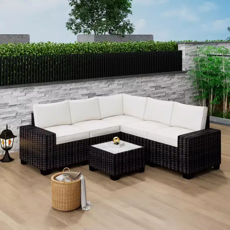 6-Piece Outdoor Wicker Sectional Sofa Set with Coffee Table, All-Weather Patio Conversation Set with Thick Cushions for Backyard, Porch, Balcony