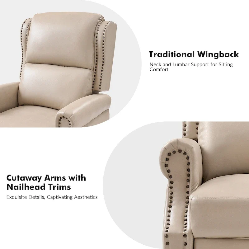 Traditional Vegan Leather Manual Push-Back Recliner, Padded Armrests, Solid Wood Legs, Living Room