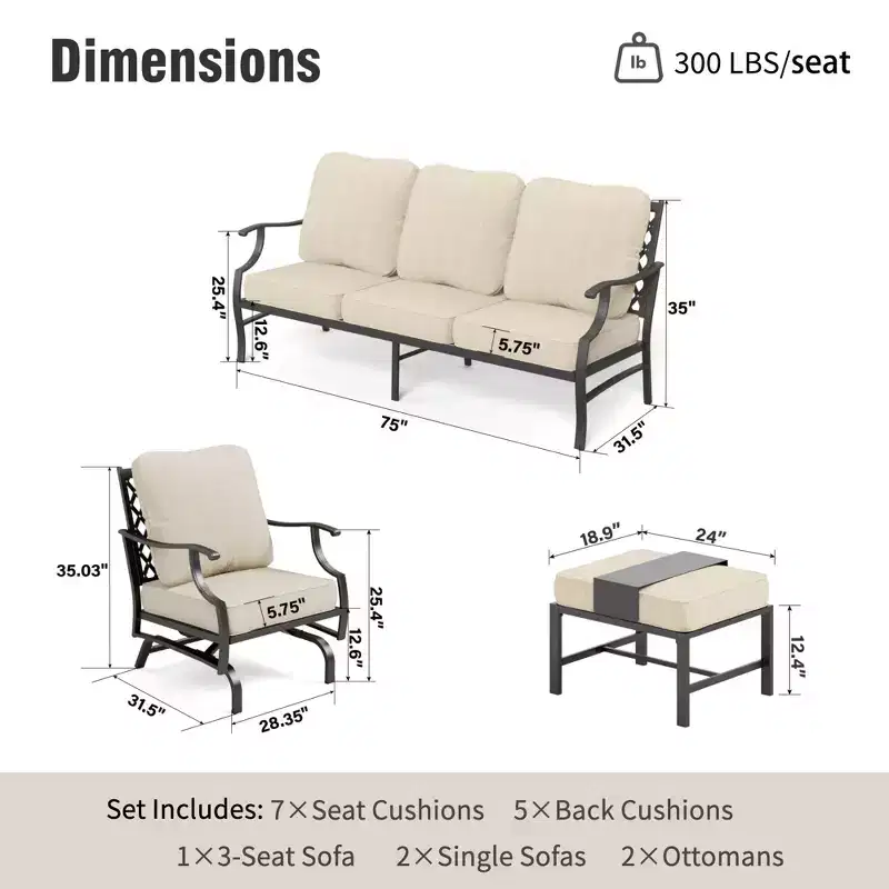 Captiva Designs 5pc Metal Patio Outdoor Conversation Set with Rocking Grid-back Chairs and Ottomans
