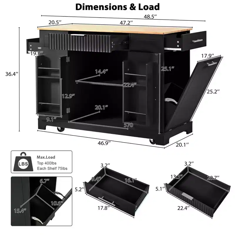 Fluted Kitchen Island with Trash Can Storage Cabinet, Rolling Kitchen Islands on Wheels with Drawer
