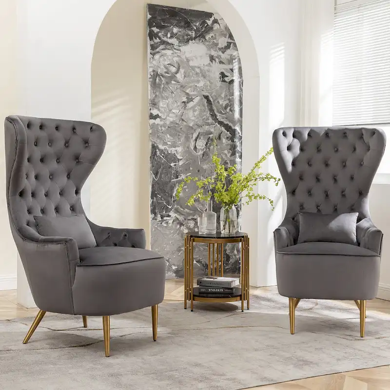 KINWELL Tufted High Wingback Accent Chairs Velvet Armchairs, Set of 2
