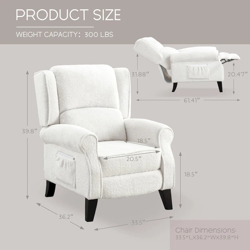 HOMYKA Polyested Upholstered Pushback Recliner Accent Chair Wingback Armchair
