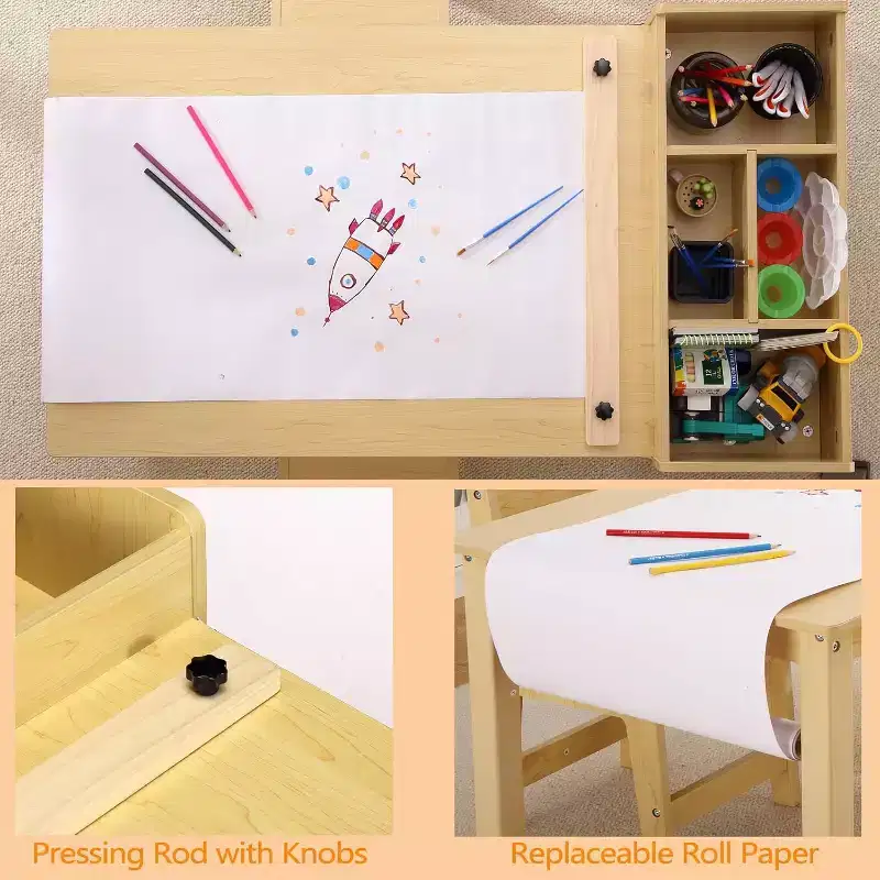 Children's Wooden Furniture, Toddler Craft Play Wood Activity Desk Kids Art Table with 2 Chairs, Nursery and Classroom Use, for Home
