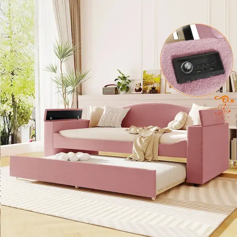 Twin Size Fleece Daybed with Storage Armrests and Trundle