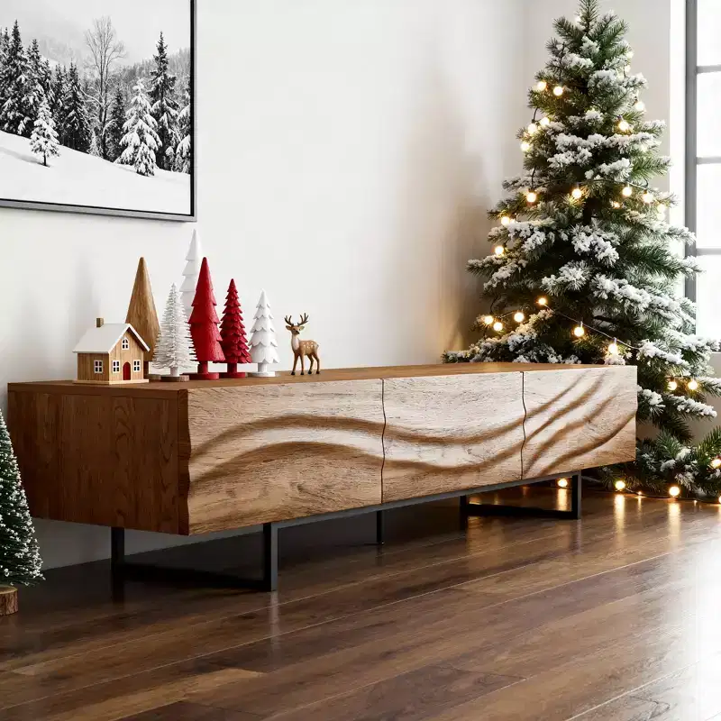 82.83 Inch Modern TV Stand with Solid Wood Drawers and Vents, Media Console for Living Room