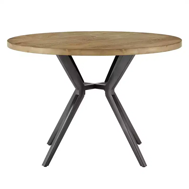 4-Person Round Dining Table, Light Pine Wood Finish & Iron Gray Metal Base