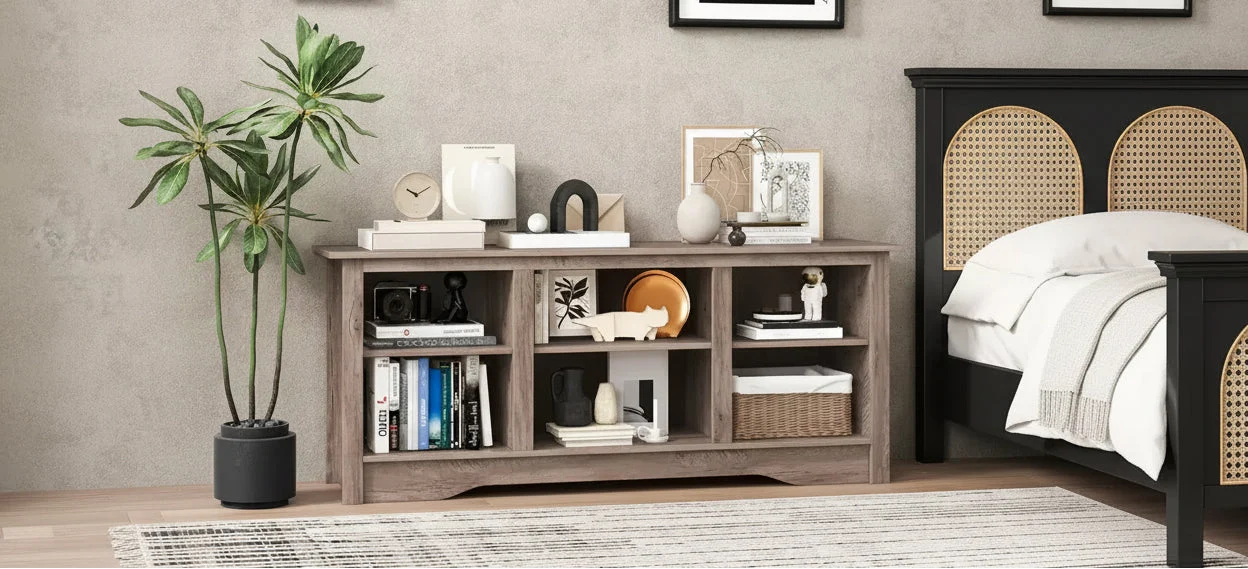 58 TV Stand Entertainment Center w/ 3-Adjustable Shelves for 65 TV Grey