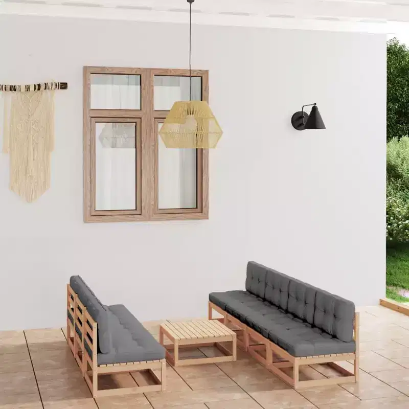 vidaXL Patio Furniture Set 8 Piece Outdoor Sectional Sofa Solid Wood Pine - Natural With Cushions