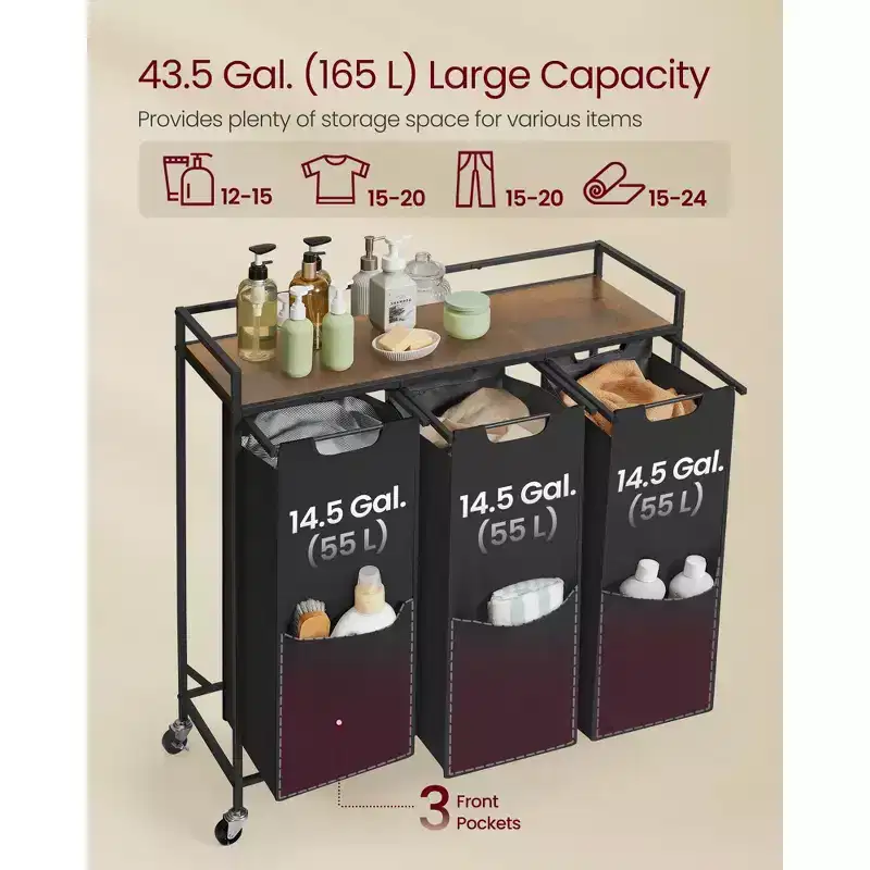 3-Compartment Laundry Sorter Cart with Removable Bags, 43.5 Gallon Rolling Hamper with Top Shelf and Braked Wheels