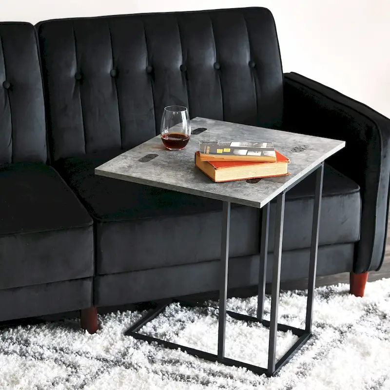 C-Shape Side Table, Faux Stone Top, Black Frame, Space-Saving Design