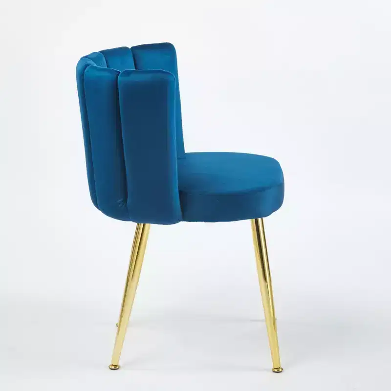 Set of 2 Modern Dining Chairs with Golden Iron Tube Legs and Velvet Cushions, Comfortable Backrest, Blue Finish