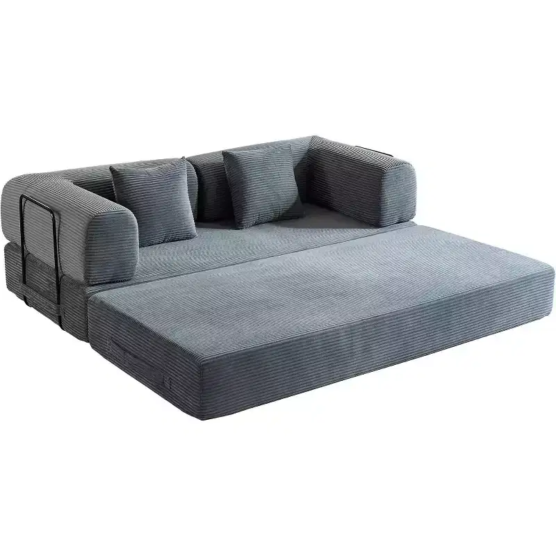 Convertible Sofa Bed with Cylindrical Pillow and Corduroy Foldable Mattress