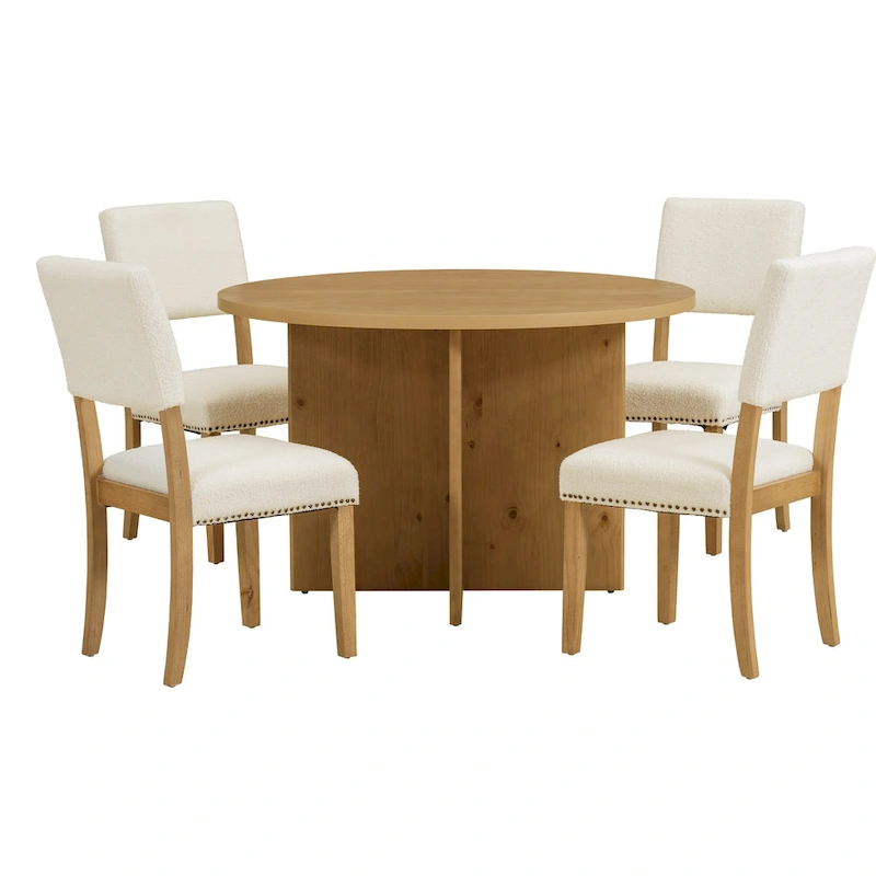 Sakin Modern 5-Piece Round Dining Table Set with Pedestal Base and Upholstered Chairs by GDFStudio