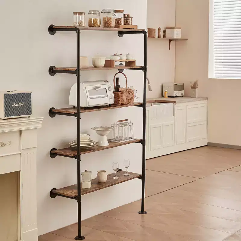 VEVOR Industrial Pipe Shelf, 5 Tier 2PCS, 11.8in Applicable Board Width Wall-Mount Floating Rustic Wood Shelves Bracket Bookshelf,Black
