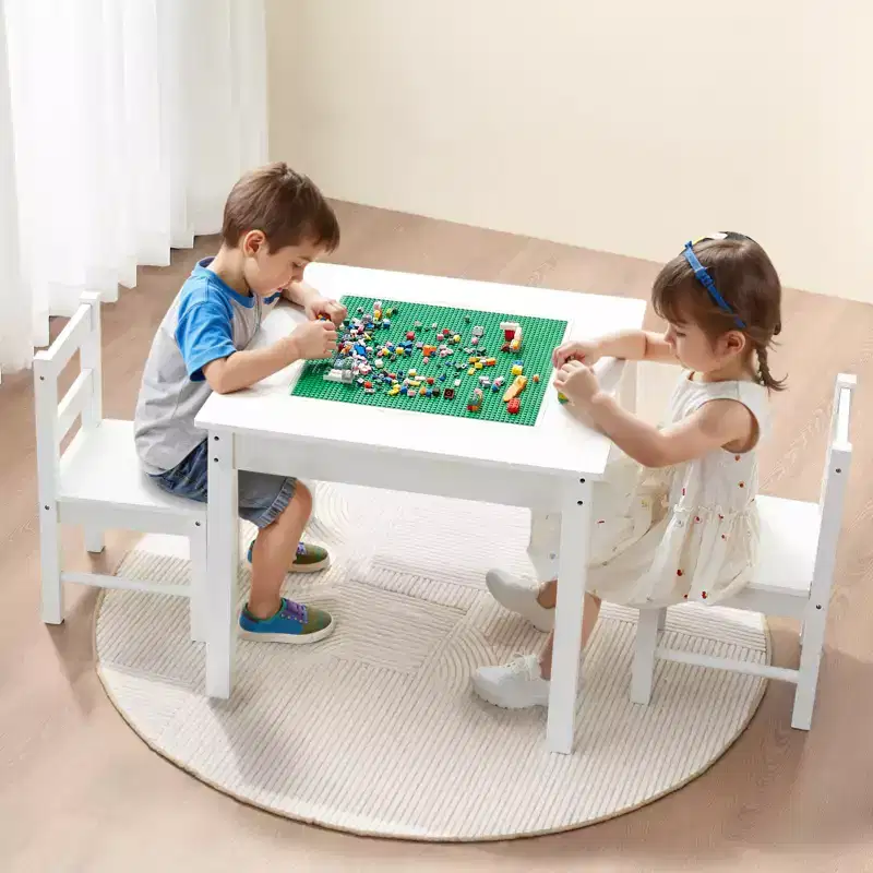 VEVOR Kids Activity Table and 2 Chairs Set, Building Blocks Double-Sided Tabletop, Toddler Table and Chair Set with Storage, White