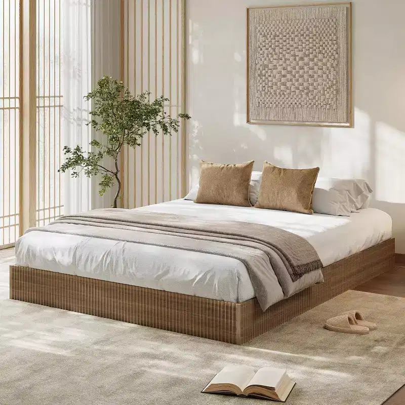 Wooden Platform Bed Frame with Fluted Design, Integrated Storage Box, No Box Spring Needed, Noise Free