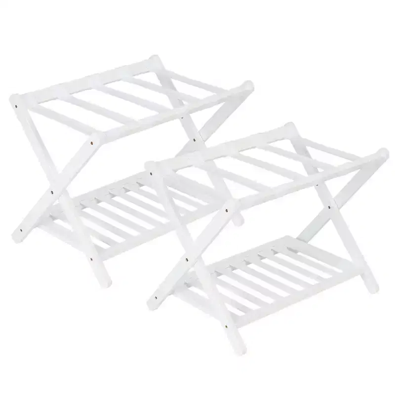 2-Pack Folding Bamboo Luggage Rack with 2-Tier Shelf  Premium White Suitcase Stand Holds 150 lb for Bedrooms & Hotels