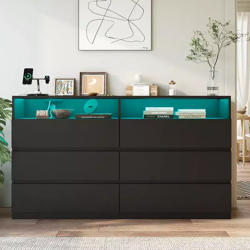 Dyonery 6 Drawer Led Dresser for Bedroom, 47 Wood Dresser Storage Organizer with Charging Station Dressers with Open Shelves,Chest of Drawers