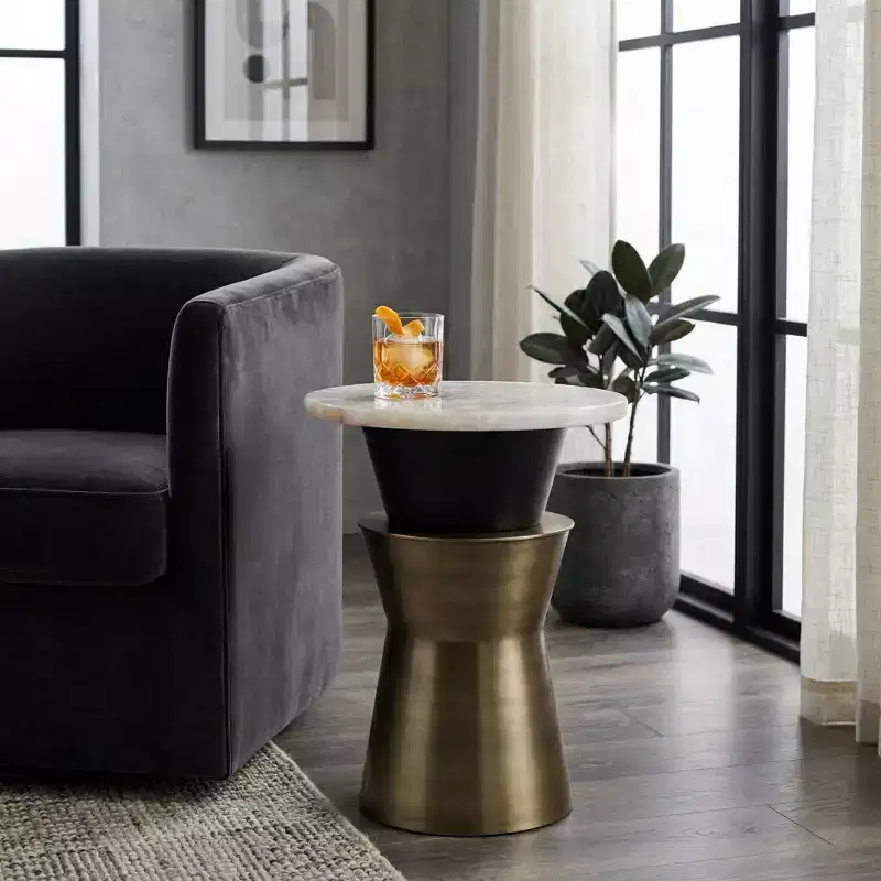 Decorative Round End and Side Table for Small Spaces - Agate Top with Metal Base for Living Room and Bedroom Decor - 20, Gold & White