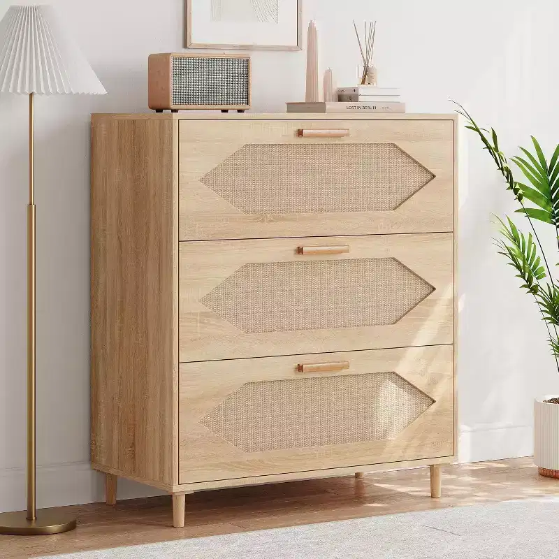 Rattan 3-Drawer Dresser - Modern Wood Storage Cabinet for Bedroom & Living Room