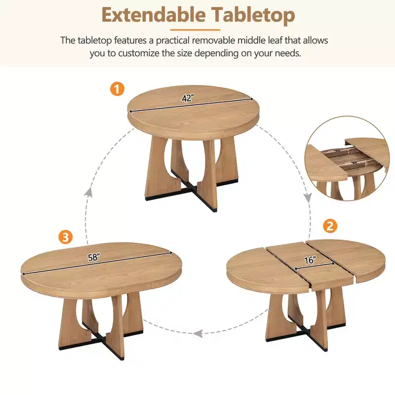 Whisen 5-Piece Retro Rustic Functional Dining Set with 1 Extendable Table and 4 Upholstered Chairs