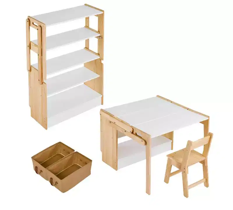 Kids Art Table and 1 Chair Set, 27.5 in Convertible Toddler Activity Table to Storage Shelves, Craft Play Desk for Kids with 2 Storage Box