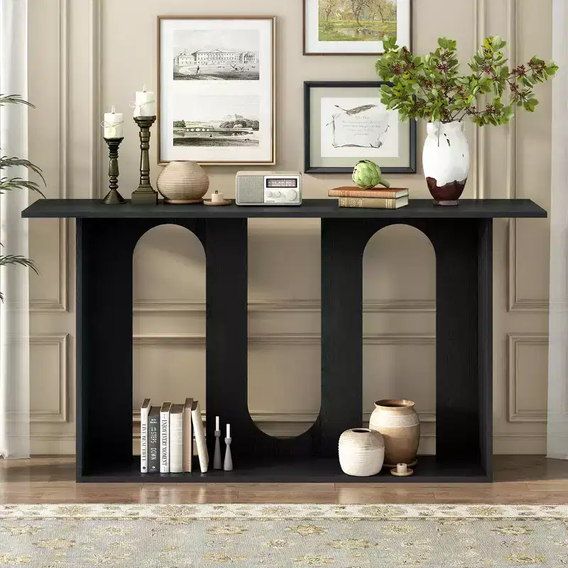Okak Modern Console Table with Bottom Shelf,Entryway Table with Curved Design & Ash Veneer,Foyer Tables for Entryway,Living Room
