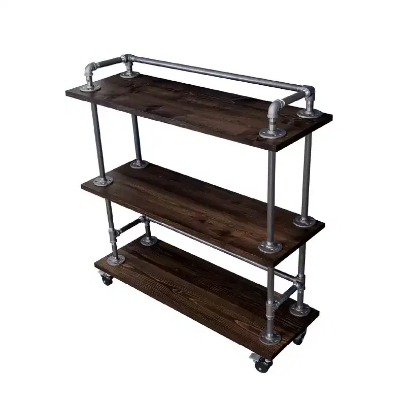3-Tier Industrial Wood Shelf Bar Cart with Locking Wheels