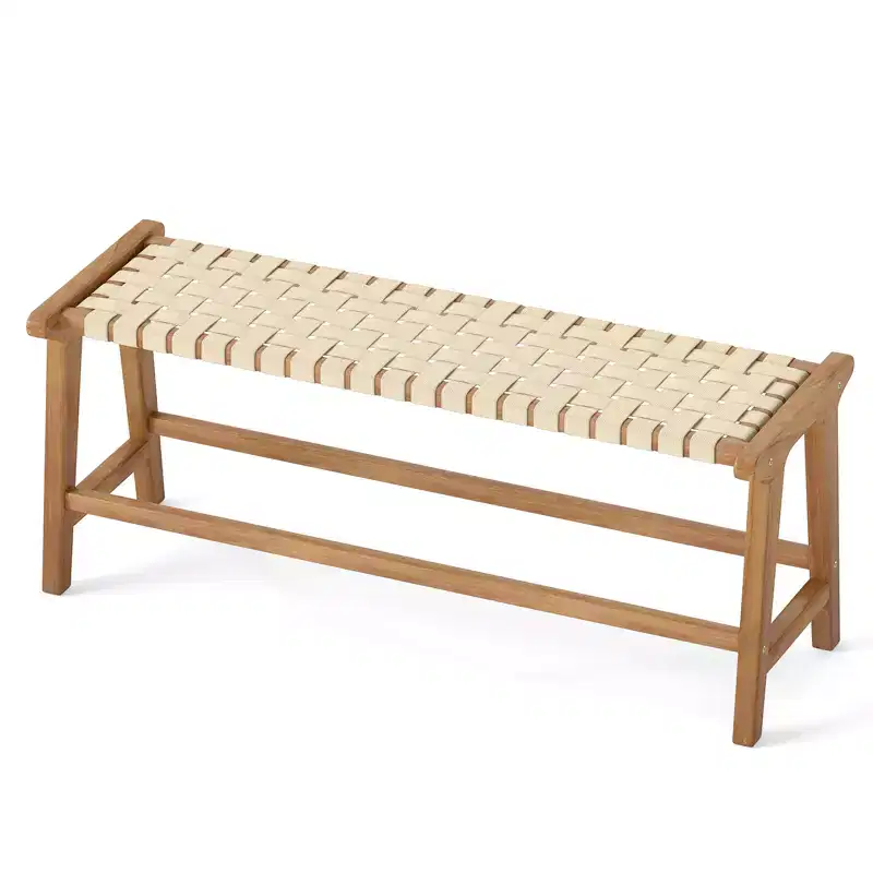 Costway 47 Long Teak Wood Patio Bench w/Weave Seat Solid Wood Legs Backless for Porch