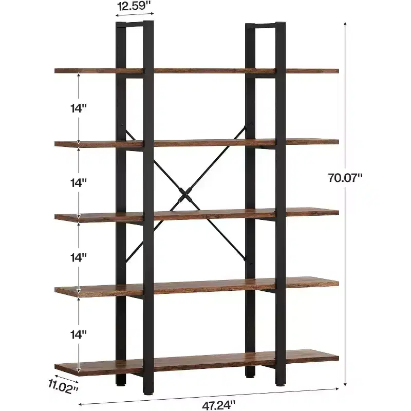 5-Tier Bookshelf, Industrial Bookcase, Vintage Tall Book Rack, 70 H x 11 D x 47 W, for Bedroom, Living Room, Home Office, Rustic Brown