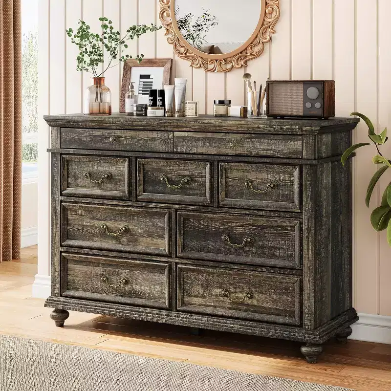 47 Farmhouse Dresser for Bedroom with 9 Drawers, Rustic Wood Chest with Vintage Metal Handles for Bedroom