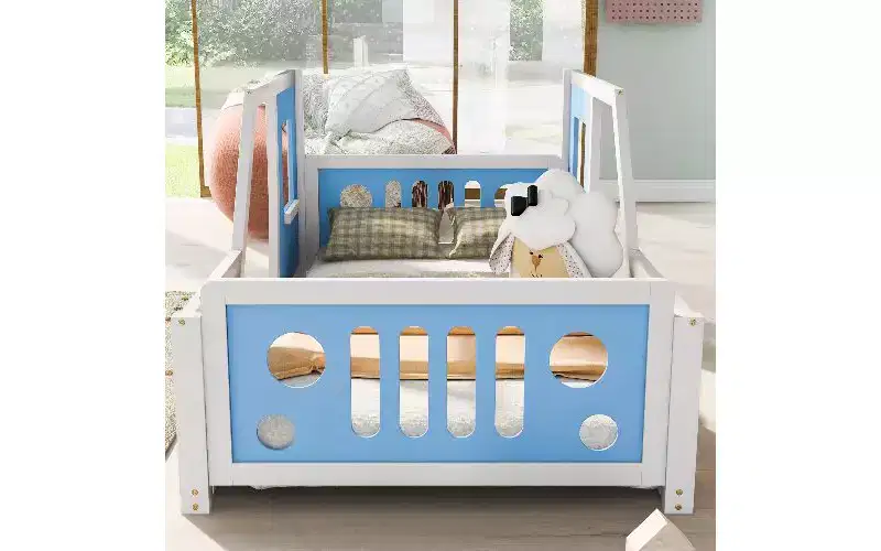 Twin Size Floor Bed Frame, Classic Car-Shaped Platform Bed Frame with Decorative Wheels & Side Doors, Sturdy Pine Wood Kids Bed Toddler Bed