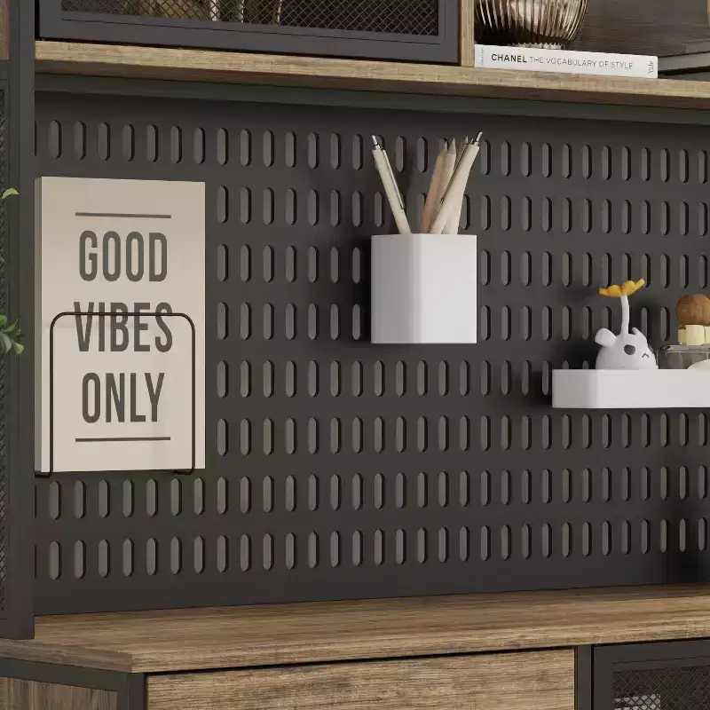 Famapy Brown Woodgrain Multifunctional Kitchen Cabinet Kitchen Sideboard with Hanging Shelf Display Shelf