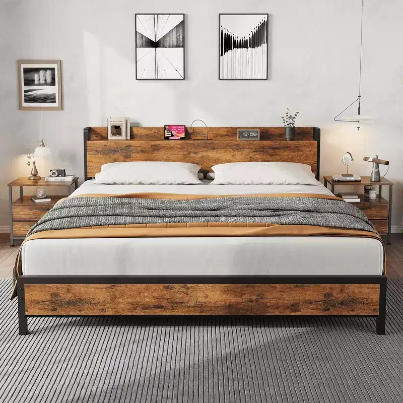 King Size Bed Frame with Storage Headboard, Industrial King Bed Platform, No Box Spring Needed Easy Assemble Mattress Foundation - Rustic Brown