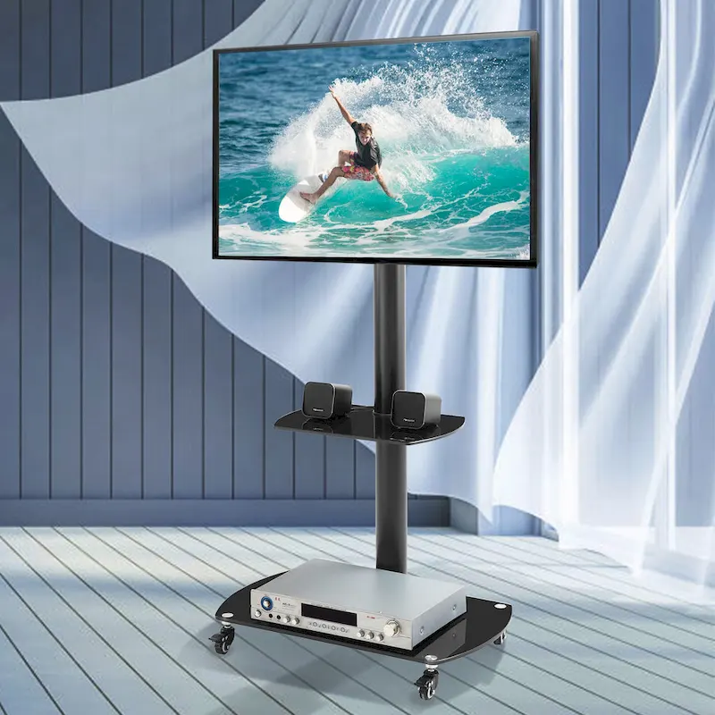 Rolling TV Stand with Tempered Glass Shelves and Lockable Wheels