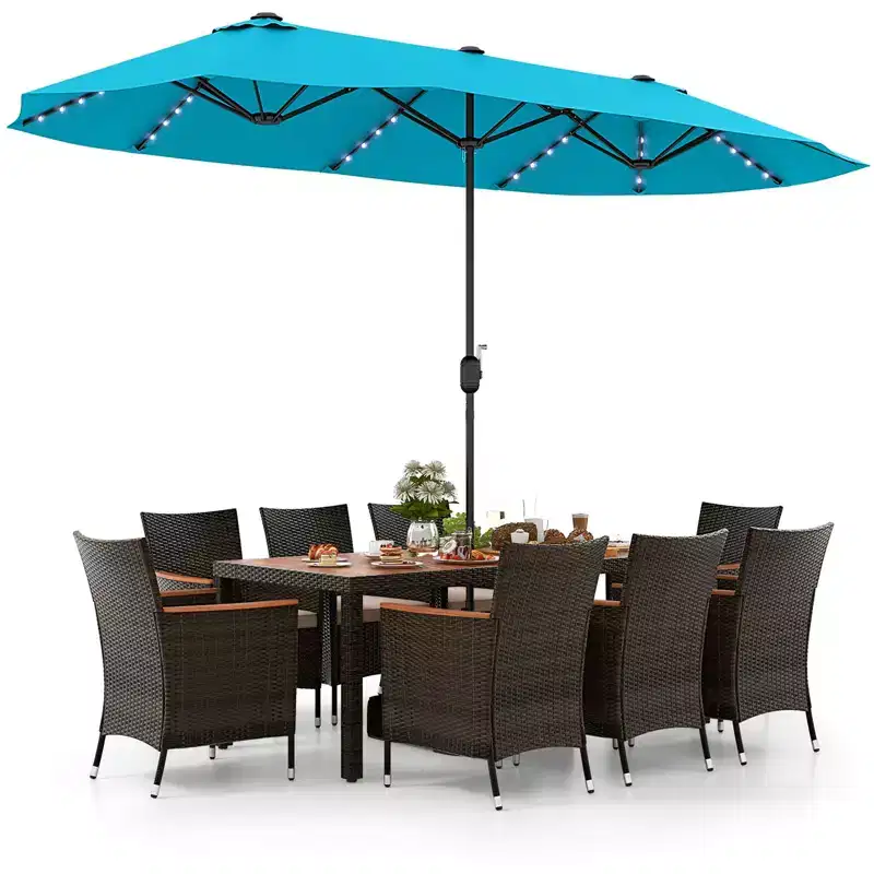 Gymax Set of 11 Patio Rattan Dining Set w/ 15ft Solar Patio Umbrella with Base Beige
