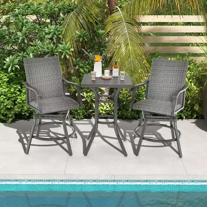 Costway 3PCS Patio Rattan Bar Table Stools Set Aluminum 360 Swivel Chairs with Padded Seat