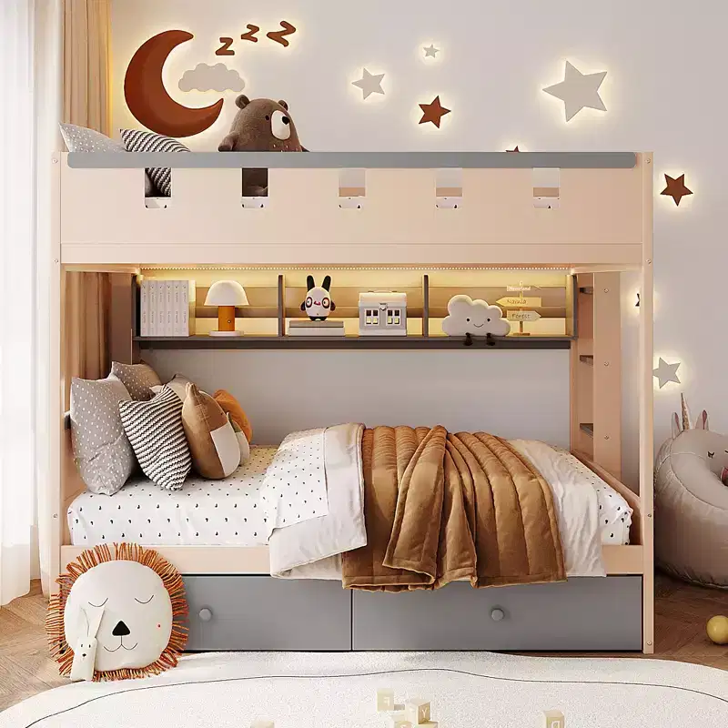 GDFStudio Rivera Castle Style Bunk Bed with 2 Drawers, Shelf and LED