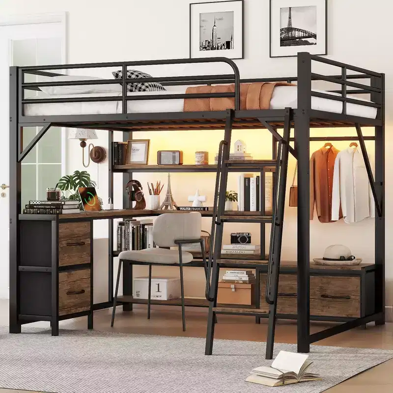 Whisen Full Size Metal Loft Bed with Desk, Light, Storage Shelves, Wardrobe & Drawers, Comfortable and Safe