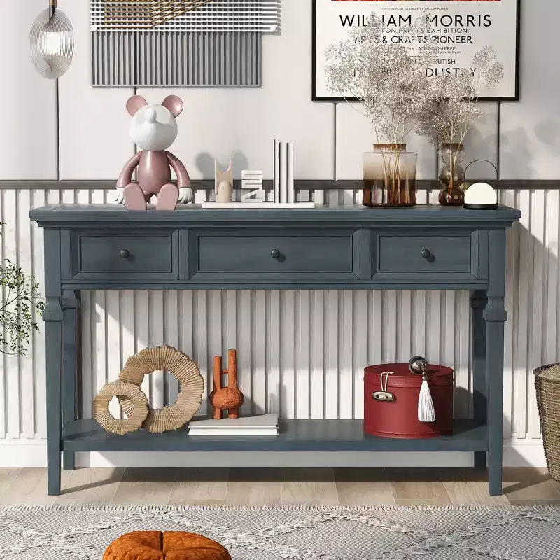 Whisen Classic Retro Style Console Table with 3-Top Drawers and Open Shelf