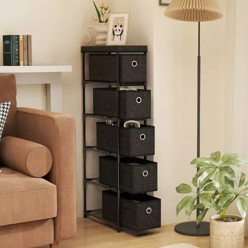 Slim Dresser w/ 5-Drawer Anti-tip Kits Space-Saving Chest of 5 Fabric Drawers