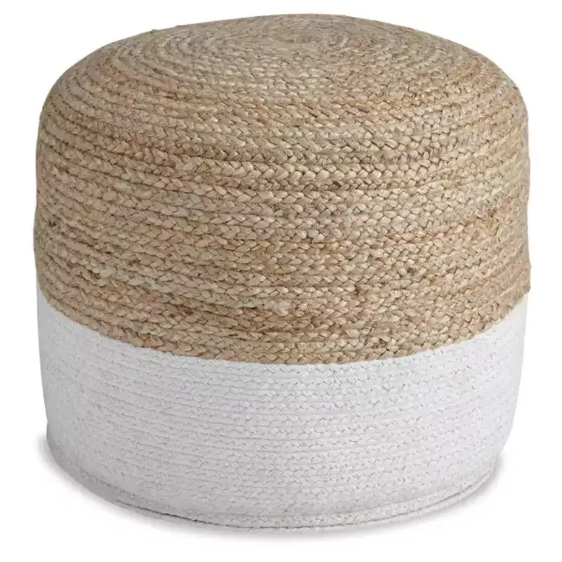 Round Braided Jute Pouf, Natural/White, 19