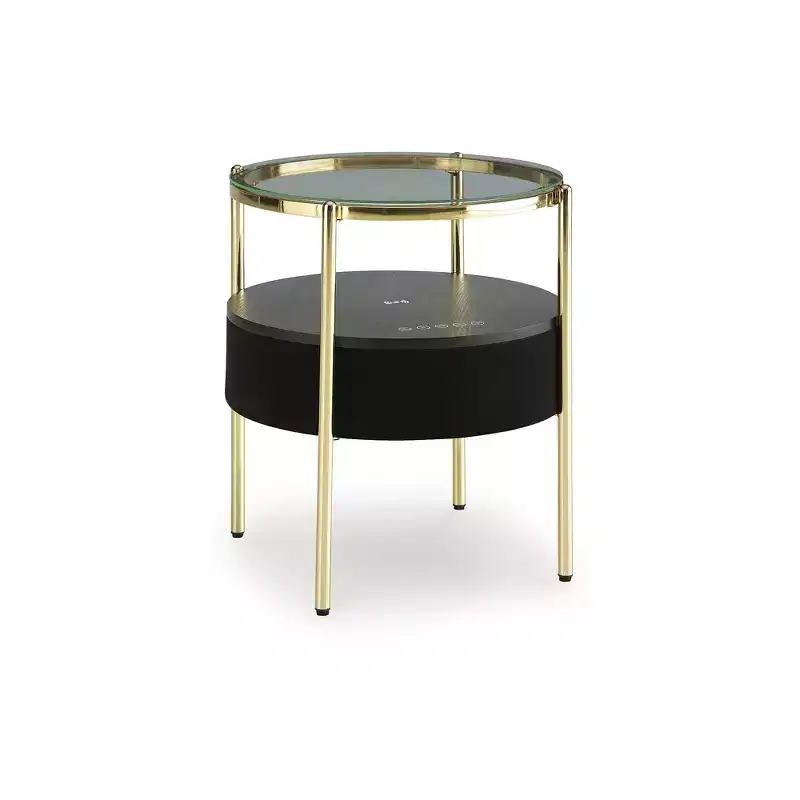 Round Glass Top Side Table with Built-in Bluetooth Speaker and Wireless Charging