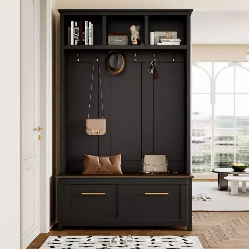 Black / White 4-in-1 Hall Tree with 6 Hooks, Storage Bench & 2 Drawers