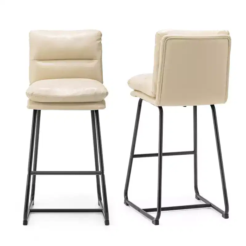 Set of 2 Modern Thick Leatherette Bar Stools with Metal Legs Cream/White - Glitzhome: Upholstered, Sled Base, Footrests